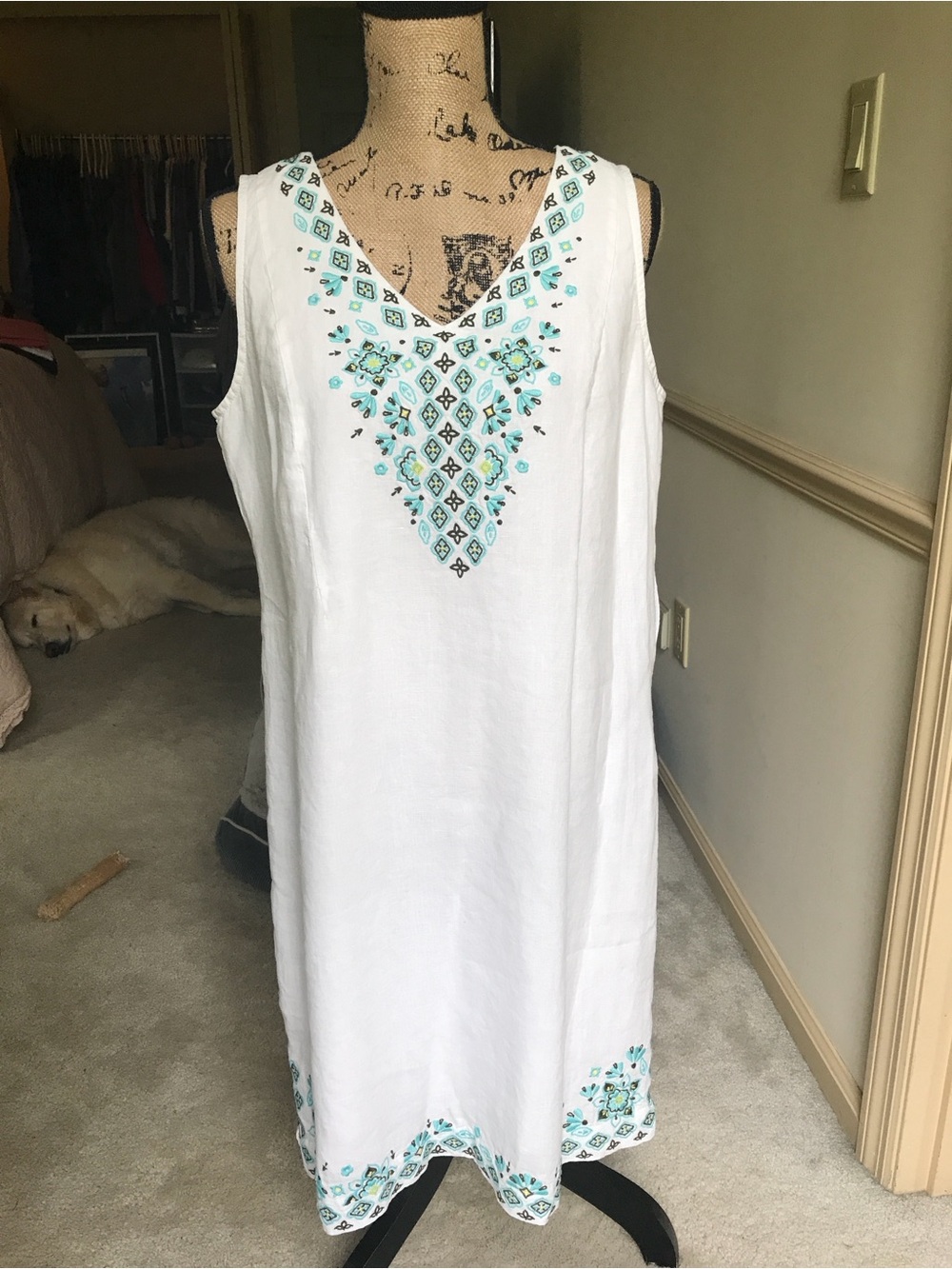 J. Jill White Midi Dress with Aqua Embroidered Accents